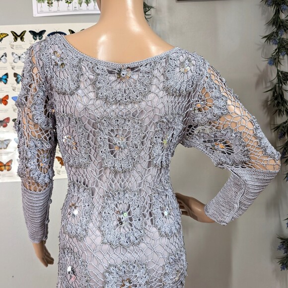 Vintage 90s y2k Newport News Gray Maxi Dress Crochet Beachy Fairycore Sequins M - Picture 5 of 11